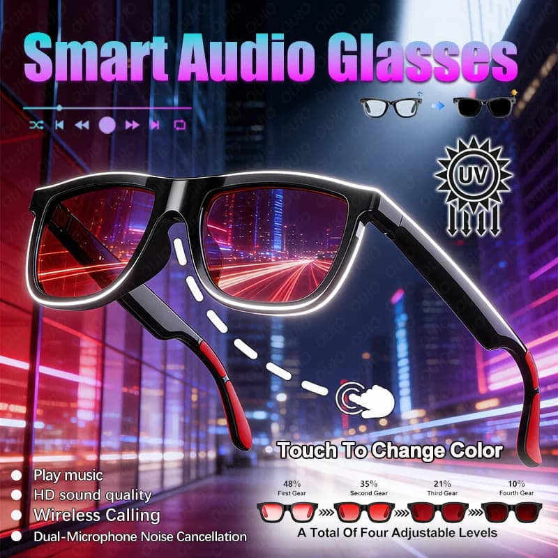 High Quality Audio Glasses with Electrochromic Lenses, Call Response, Musical Reproduction, Magnetic Refill, Touch Color Change, Smartglasses