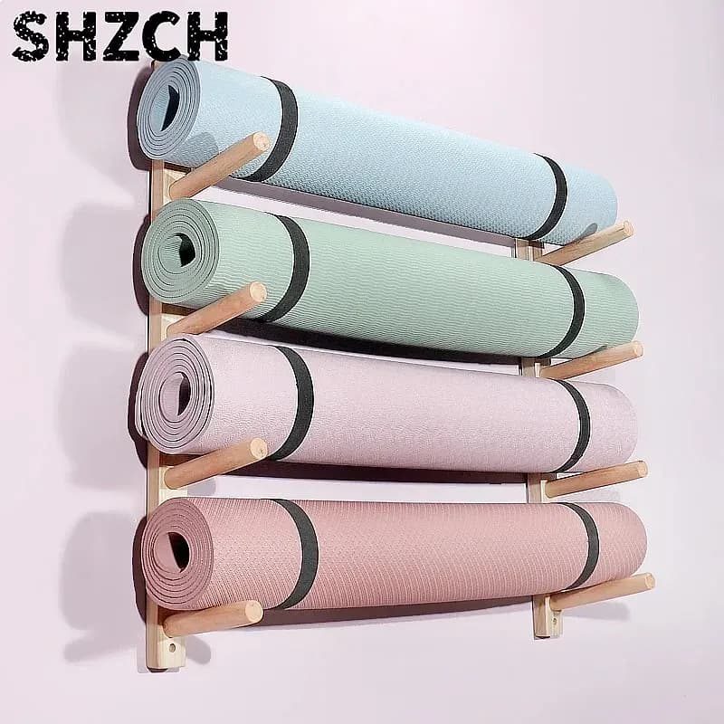 Solid Wood Yoga Mat Rack Wall Mounted Storage Stand for Foam Roller Pilates Studio Organizer