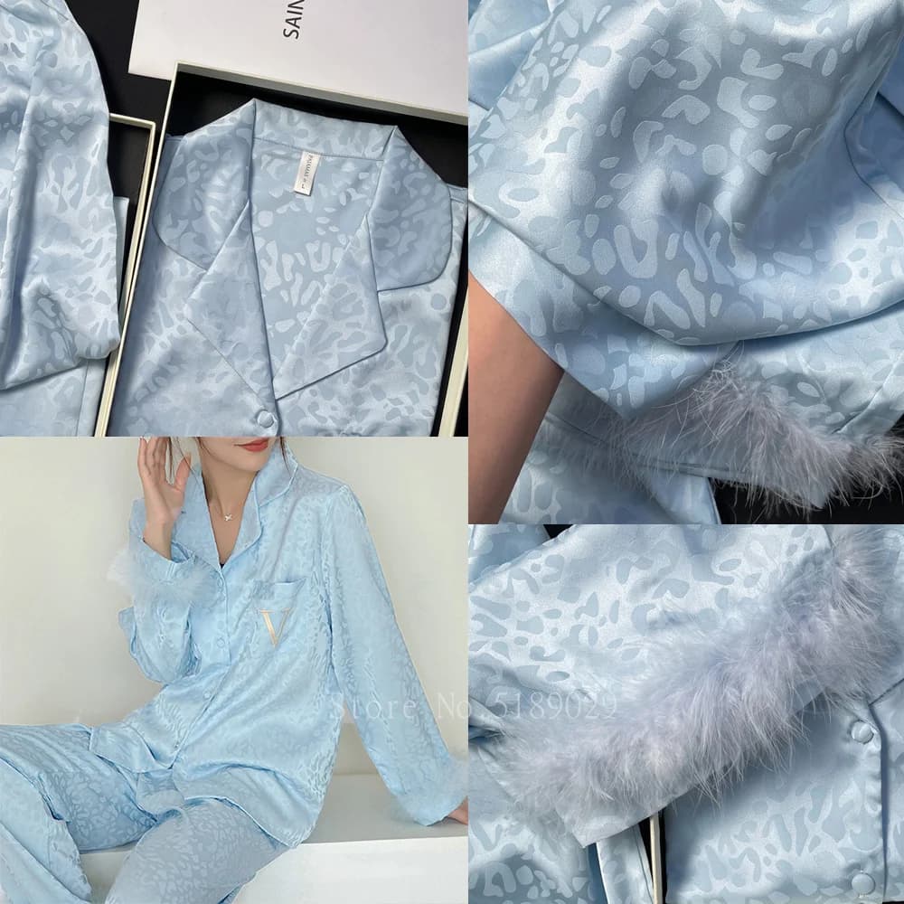 Women Sexy Embroider Pyjamas Shirt&pants Luxury Feather Pajamas Rayon Nightwear Long Sleeve Trousers Set Loose Loungewear
