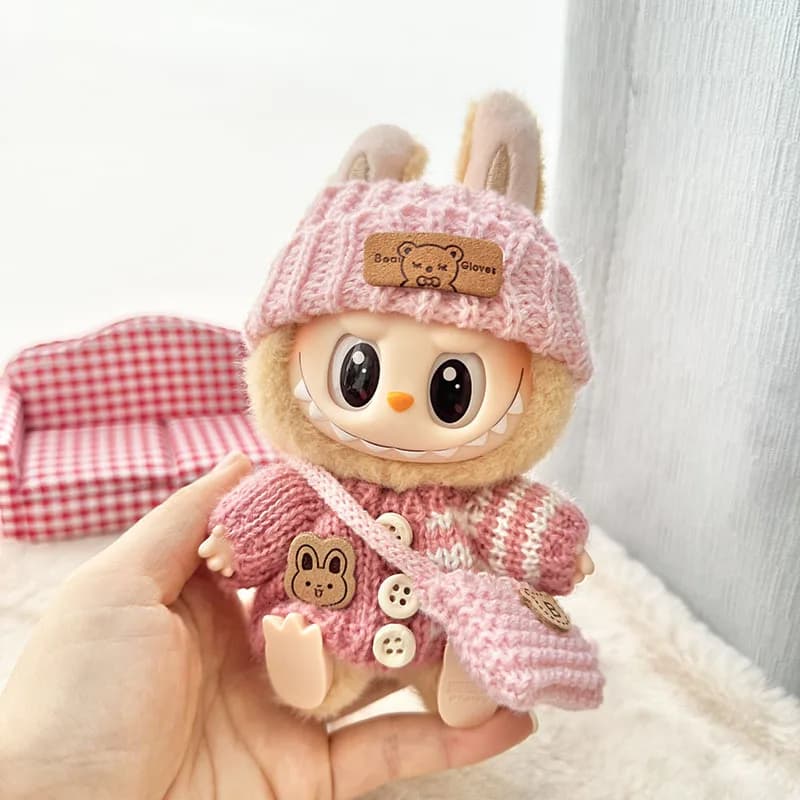 Vestiti per bambole per Labubu Outfit V1 V2 V3 17 cm Bambole Sedute Accessori Occhiali Designer di abbigliamento Regalo per bambini Maglione Cappello Set di borse