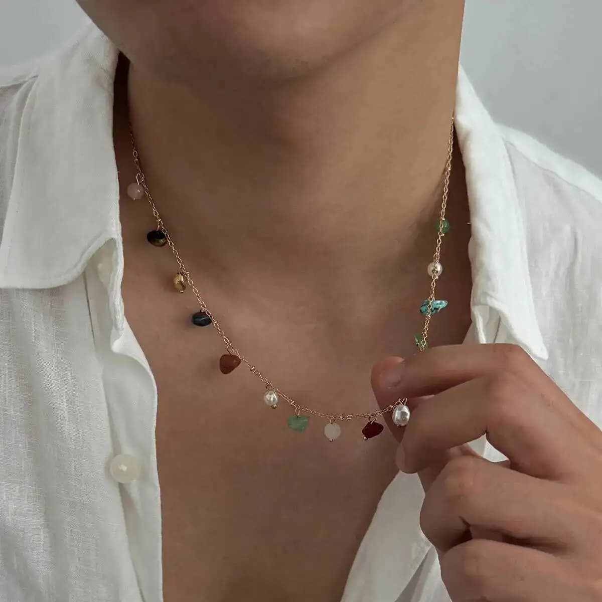 IngeSight.Z Creative Bohemia Colorful Stone Imitation Pearl Pendant Choker Necklace for Men New Trendy Adjustable Neck Jewelry