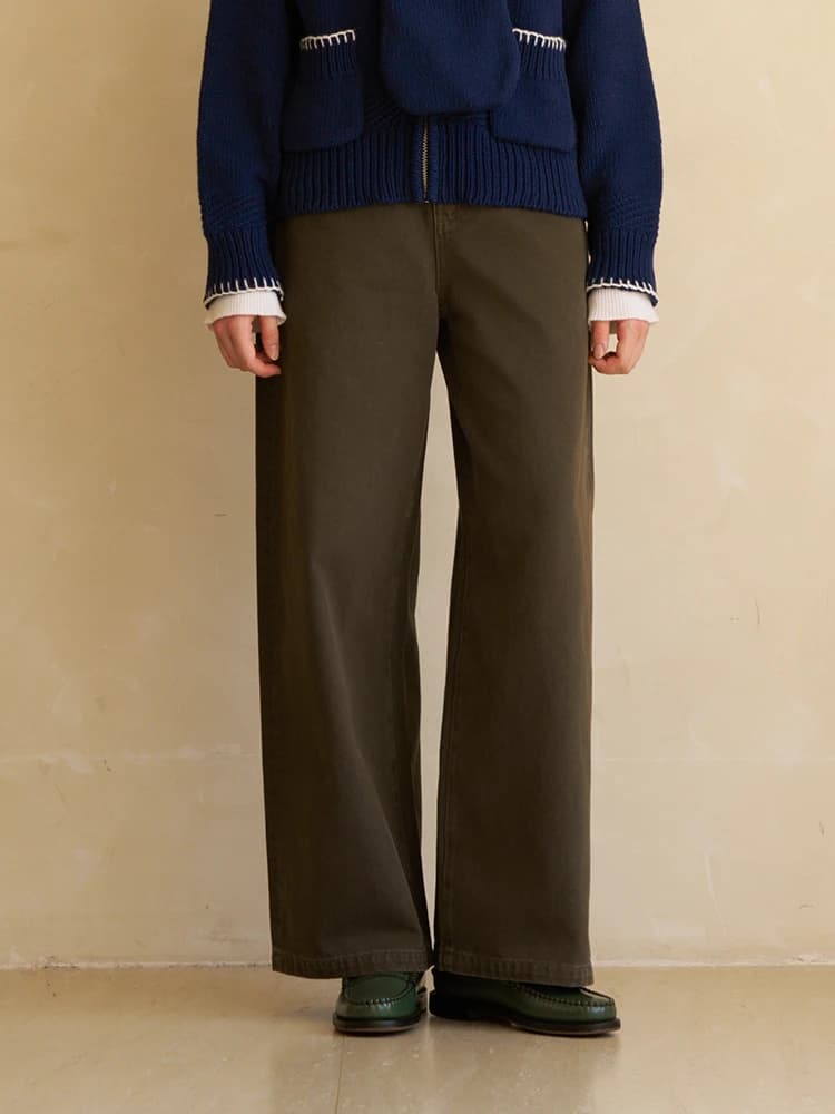 Jeans a Gamba Dritta a Righe Grigio-Verdi, Stile Neutro, in Cotone, Moda Autunnale da Donna, Vita Naturale, Leggermente Elasticizzati