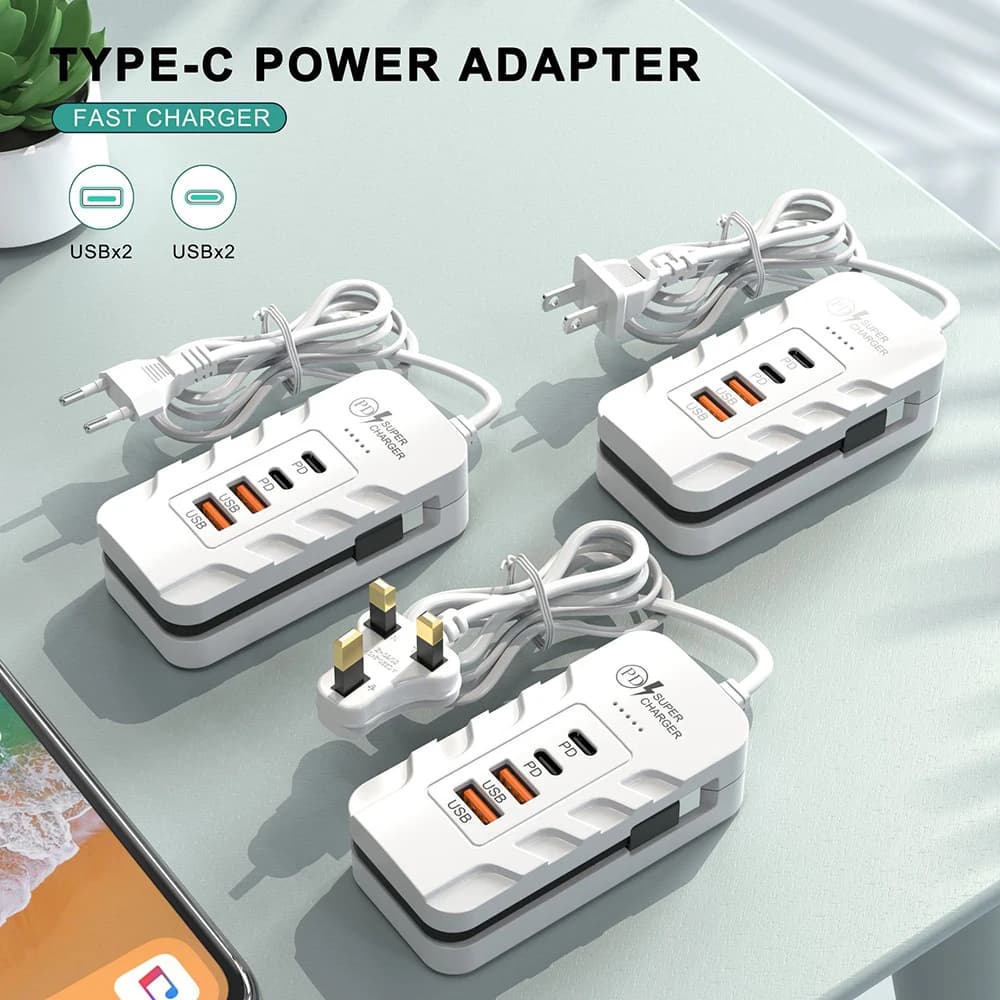 4 in 1 USB C Charger Socket Fast Charging Phone Charger Power Strip For iPhone Samsung Xiaomi EU/US/UK Plug Wall Power Adapter