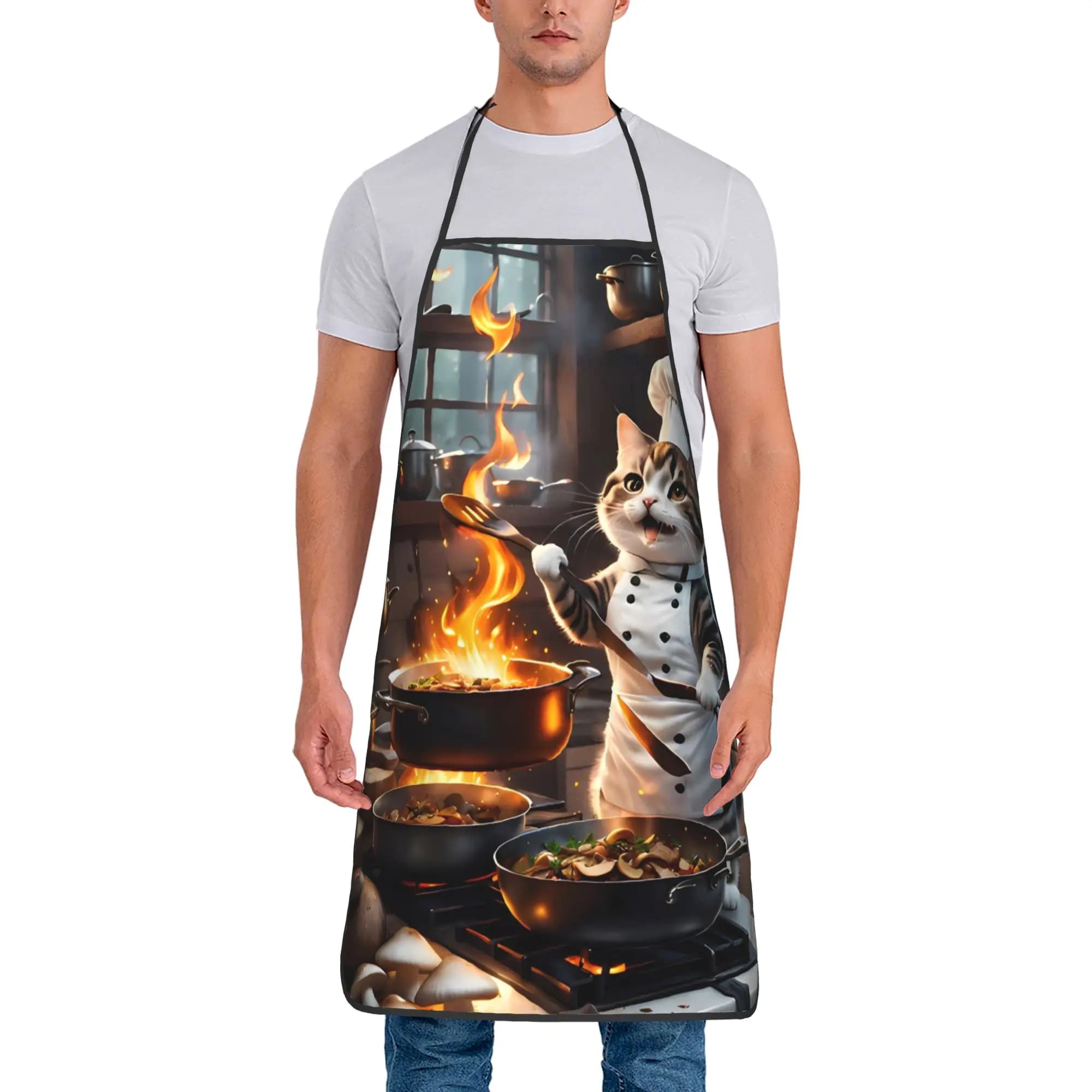 Funny Cat Chef with Knife and Spatula Apron Custom Cooking Kitchen Accessories Barbecue Barber Aprons without Pocket