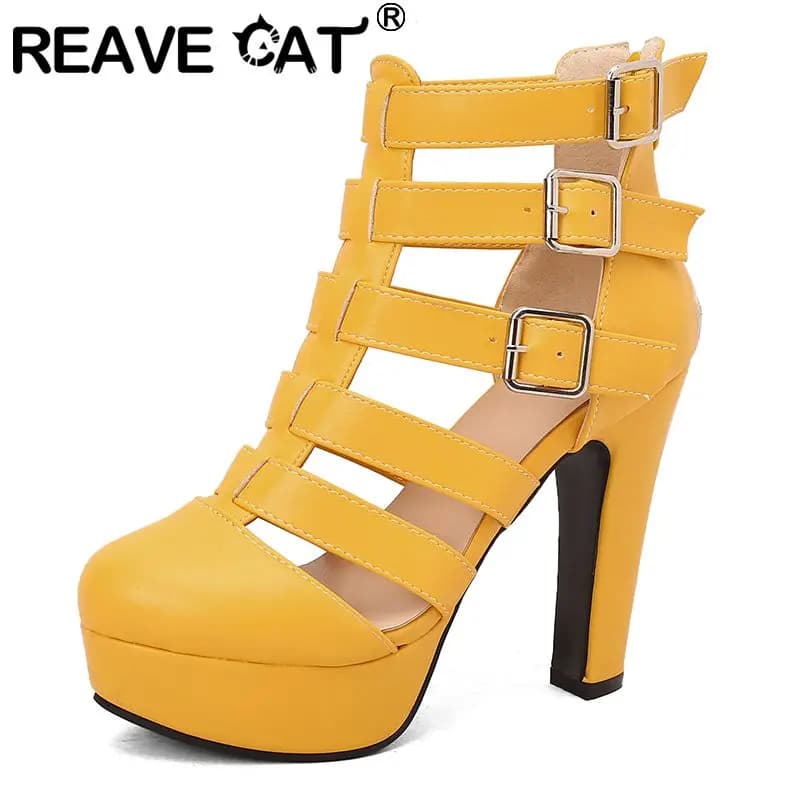 REAVE CAT Women's Luxury Sandals Round Toe Heels Big Platform 12cm 3.5cm Buckles for Zipper Belt Plus Size 48 49 50 dating shoes