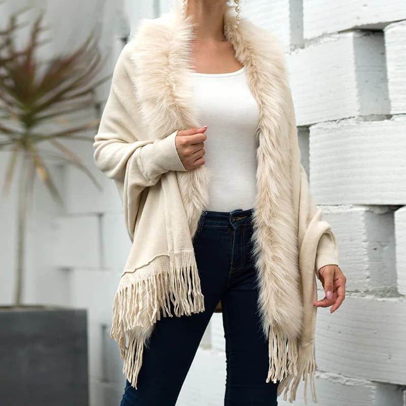 Women Winter Thick Faux Fur Mantle Big Collar Loose Printed Poncho Pendulum Capes Streetwear Tassel Long Cloak Pocket Overcoat