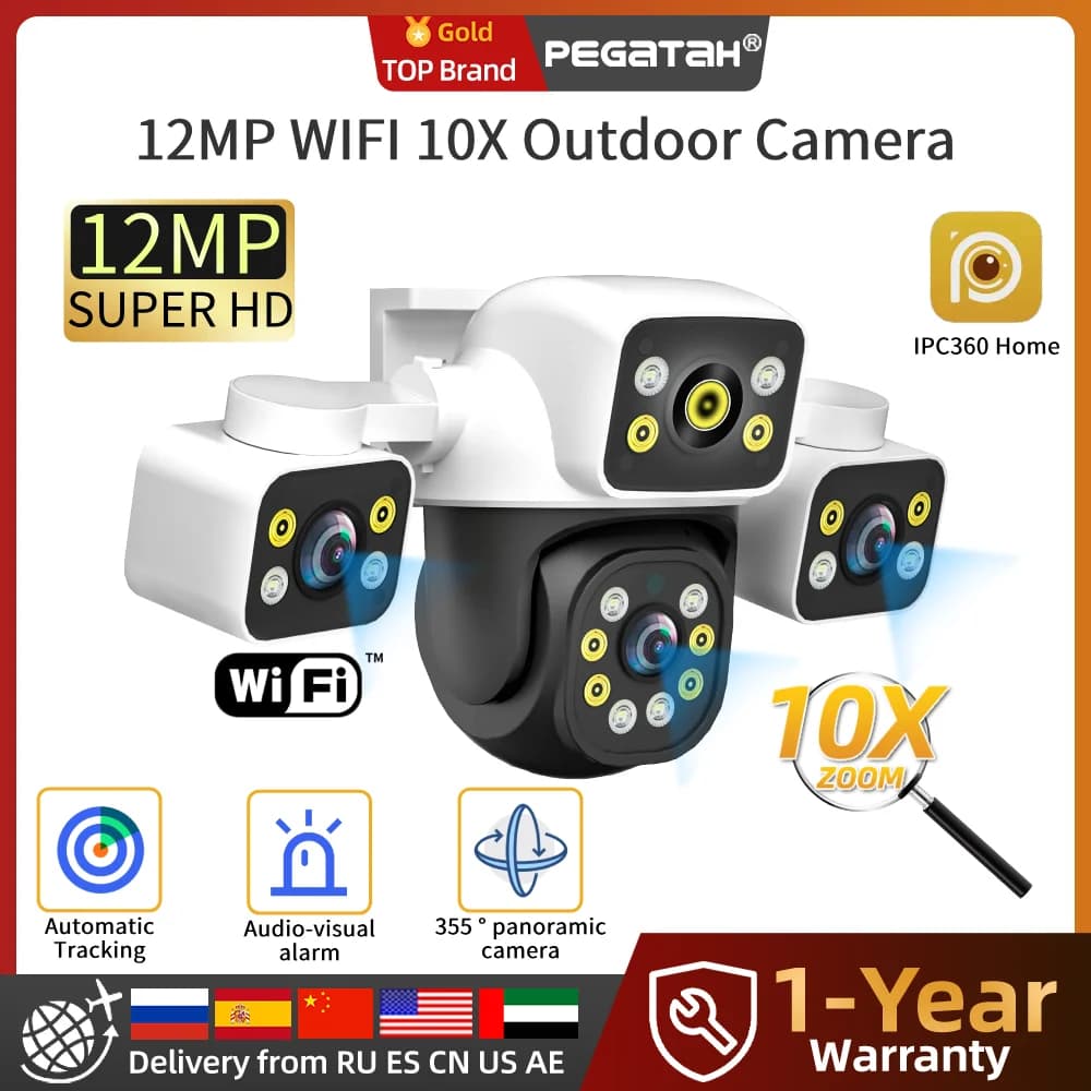 Telecamera WiFi Esterna PEGATAH 12MP con Zoom 10X, Tre Schermi, Tre Obiettivi, PTZ, Tracciamento Automatico, Allarme Audiovisivo