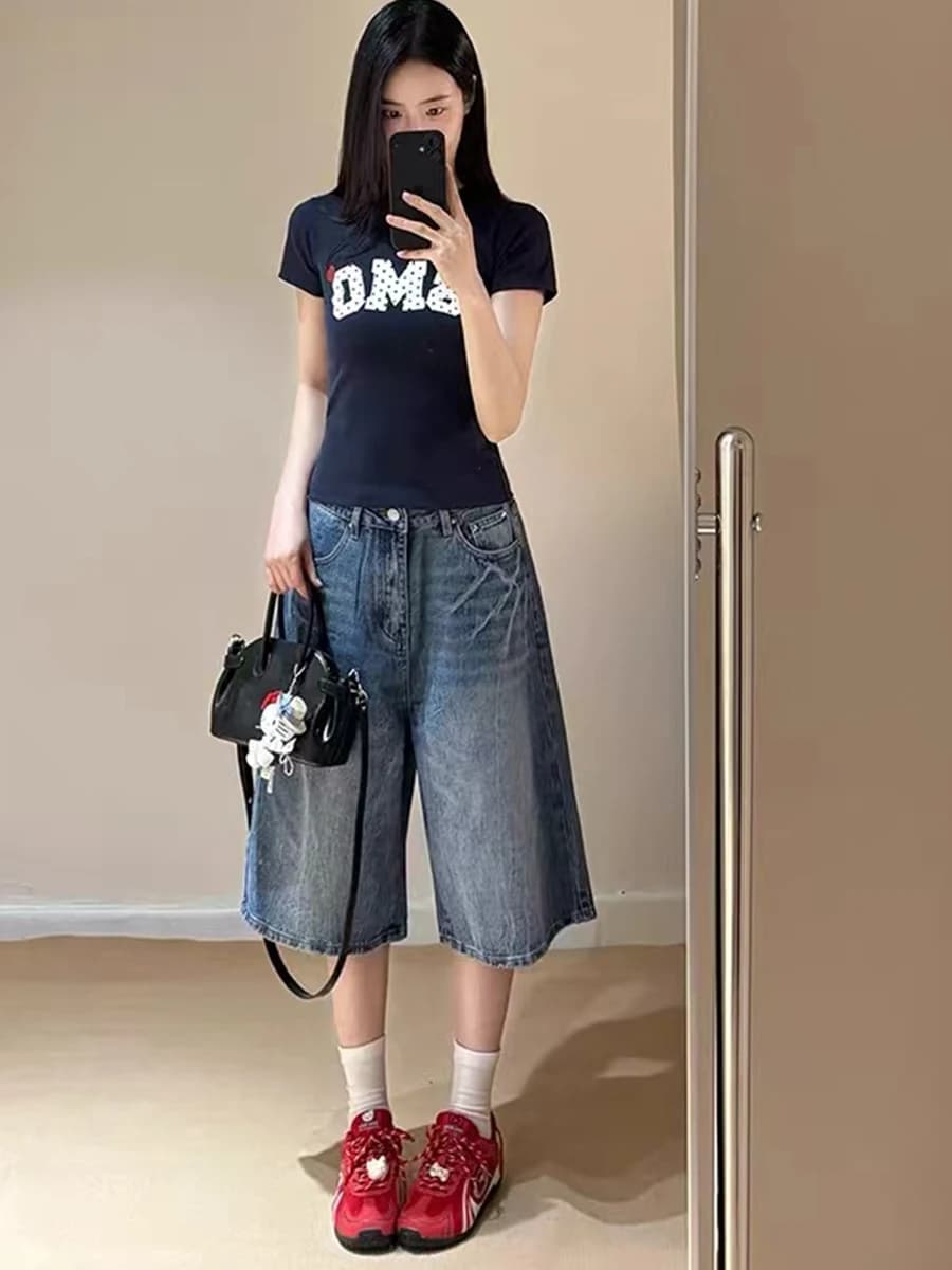 Jeans in denim blu a vita alta da donna, modello estivo a gamba larga, strappati, stile vintage americano, taglie forti