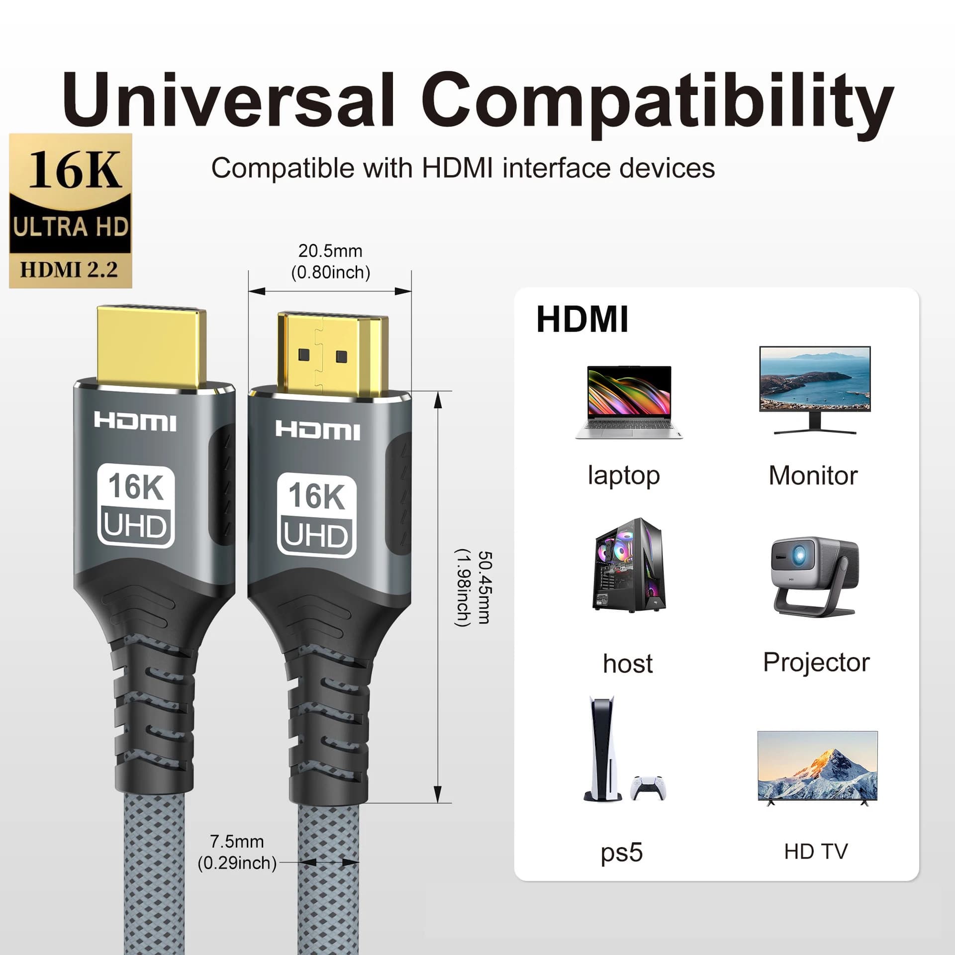 16K/8K 96Gbps HDMI 2.2 Cable Braided, 16K60 Hz 8K120 Hz High Speed Cord, eARC HDCP 2.1&2.3 Compatible for Roku TV/PS5/Xbox Hot