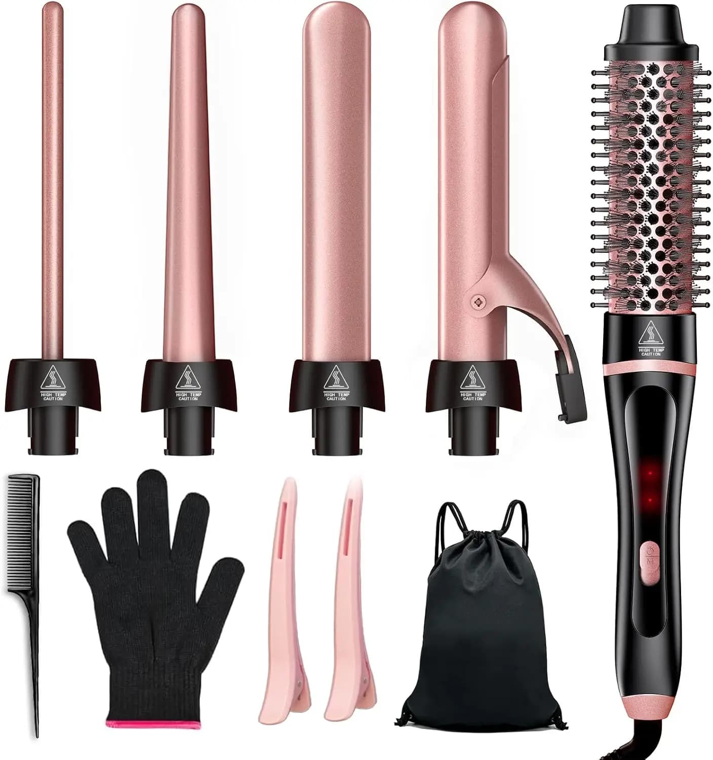 Set 5-in-1 Ferro Arricciacapelli e Spazzola Termica con 4 Cilindri in Ceramica Intercambiabili per Riscaldamento Rapido, Strumenti per Capelli da Viaggio a Doppia Tensione
