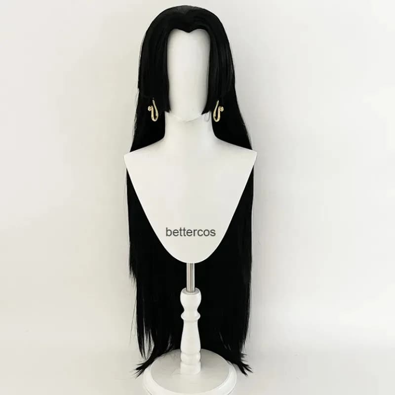 Parrucca cosplay Anime Boa Hancock con orecchini Parrucche sintetiche resistenti al calore lunghe nere diritte + un berretto per parrucca