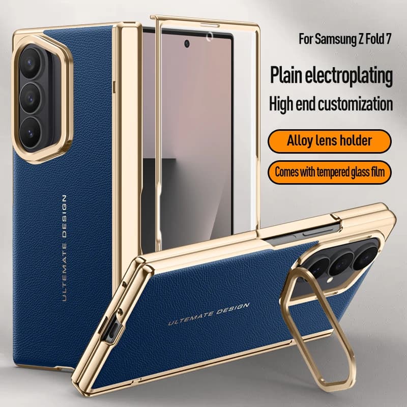 Per Samsung Galaxy Z Fold 7 Custodia di lusso in pelle PU Supporto per obiettivo Proteggi la cover posteriore per Z Fold 7 Guscio incernierato a molla all-inclusive