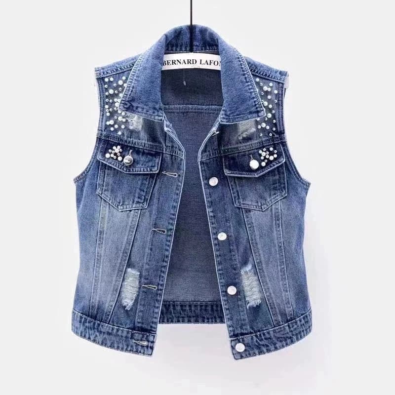 【Spot Goods】2025Women's short denim vest, washed, distressed, beaded, sleeveless jacket, versatile slim-fit top, trendy