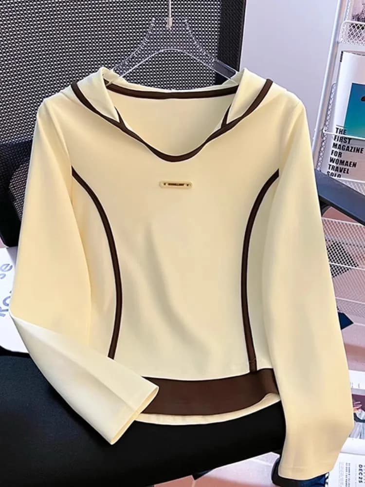 Women's Slim Fit Hoodie Long Sleeve Color Block T-Shirt Spring Autumn New Style Short Length Patchwork Casual Comfortable Top