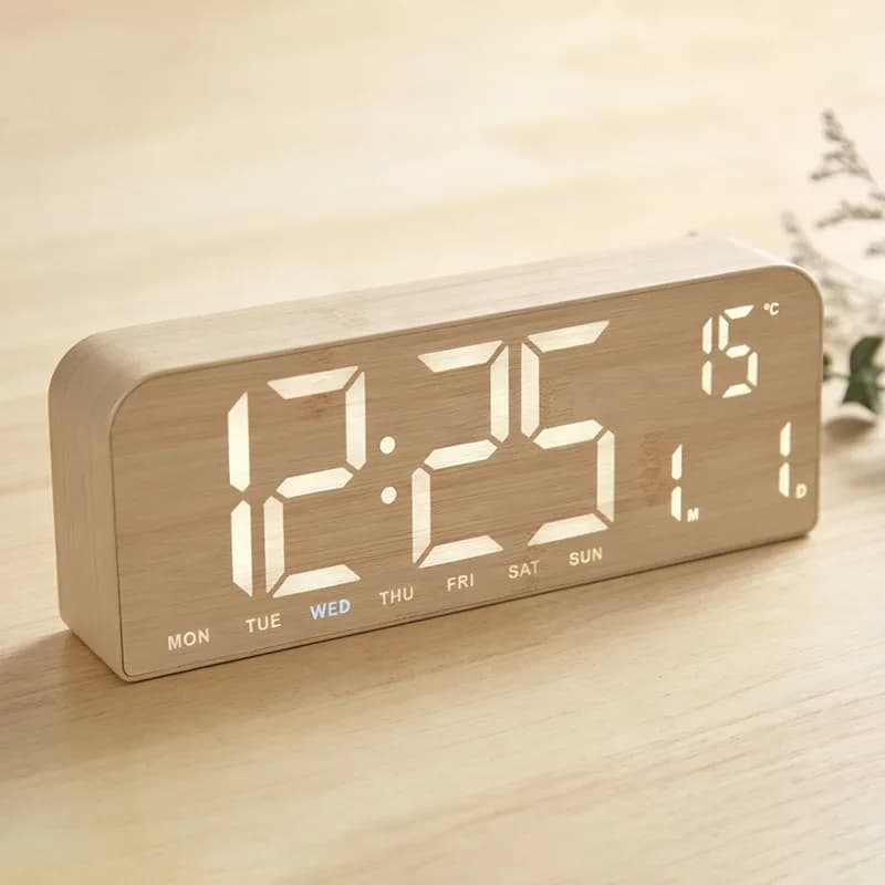 New Led Digital Clock Arge Screen Alarm Clock Minimalist Wood Grain Designtable Wall Mountable Usb Rechargeable For Home Office