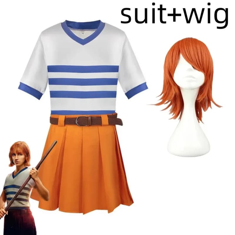 Anime Live Action Movie Nami Costume Cosplay Wano Kuni Country T-shirt a righe bianche Gonna gialla Parrucca Donna Sexy Halloween Suit6;