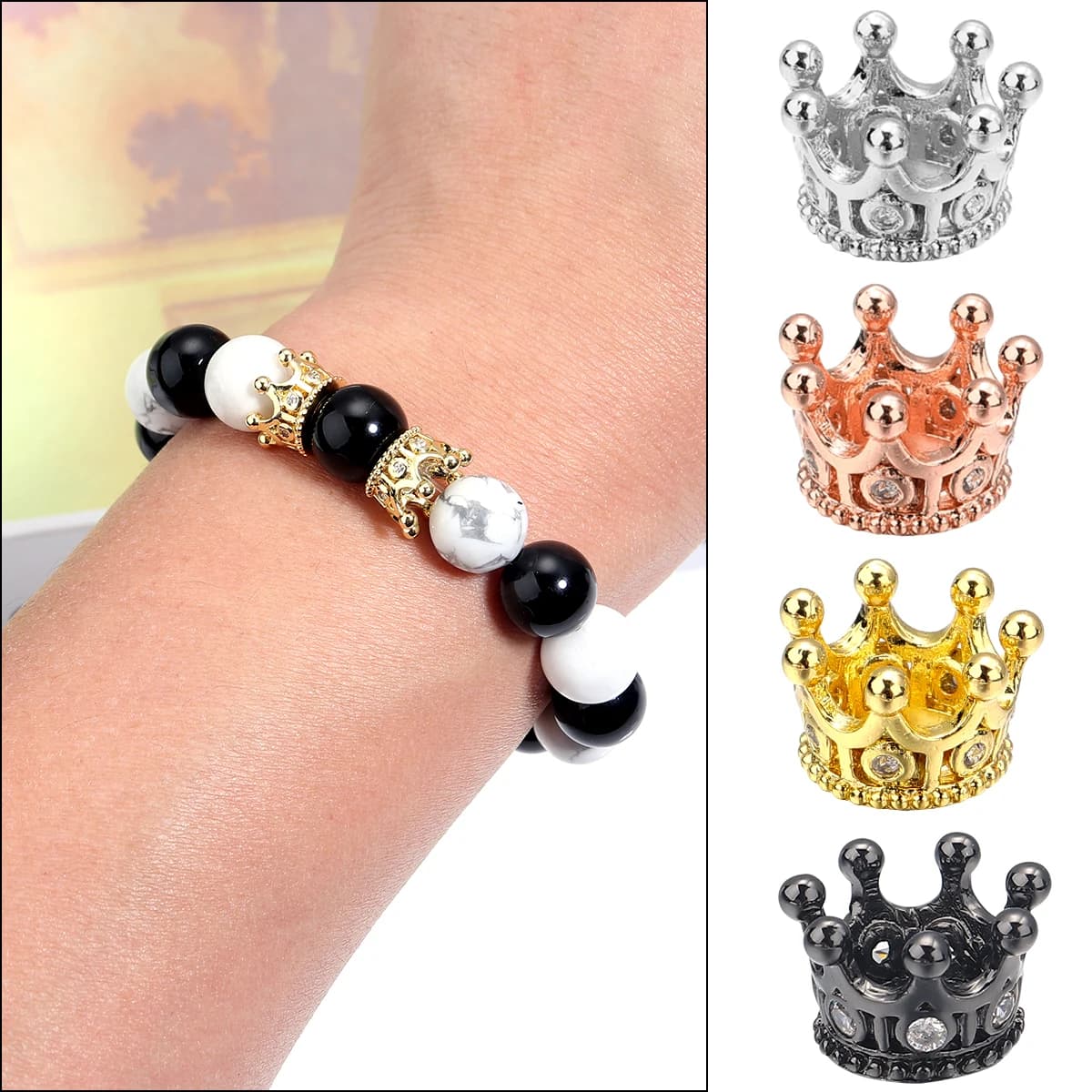 2 pz/lotto Rame Intarsiato Zircone Corona Perline Gunblack/Oro Rosa/Rodio Distanziatori Perline Per Gioielli FAI DA TE Braccialetto Del Pendente Accessori