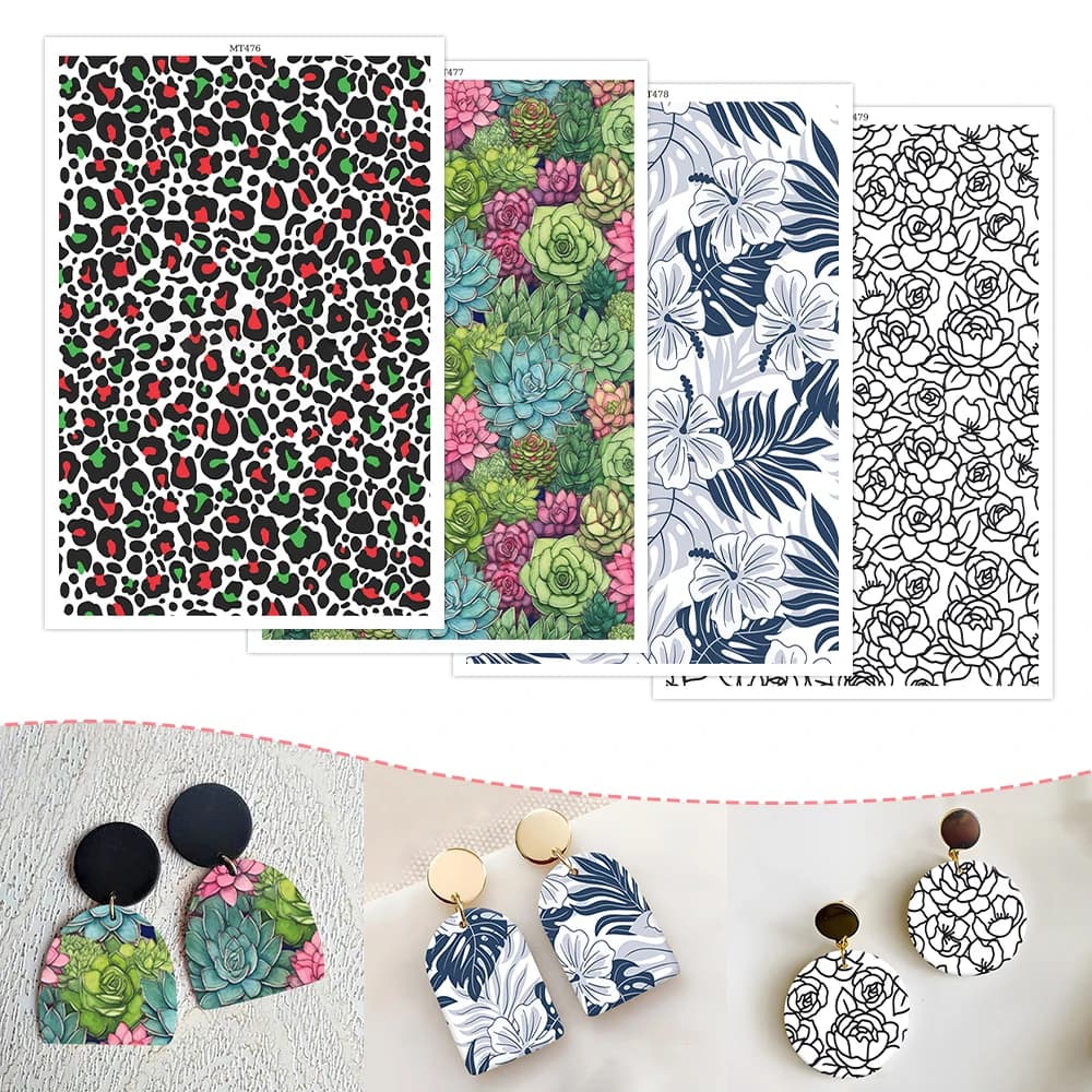 Carta per Trasferimento ad Acqua con Motivi Leopardo Rosso e Verde, Pianta Succulenta, Ibisco Blu e Bianco per Orecchini in Argilla Polimerica, Creazione di Gioielli Audaci