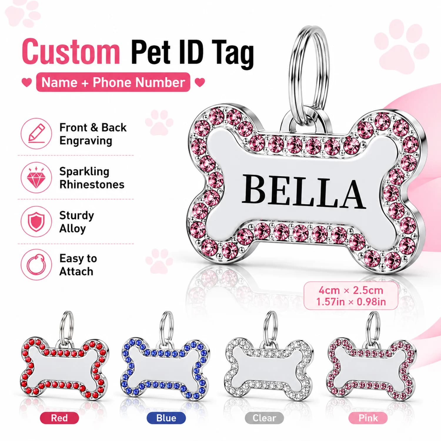 Custom Text Diamond Dog Tag Customized Name Pets Tag Bone Shape Laser Engraving Alloy Collar Pendant prttey Name Dog Tags