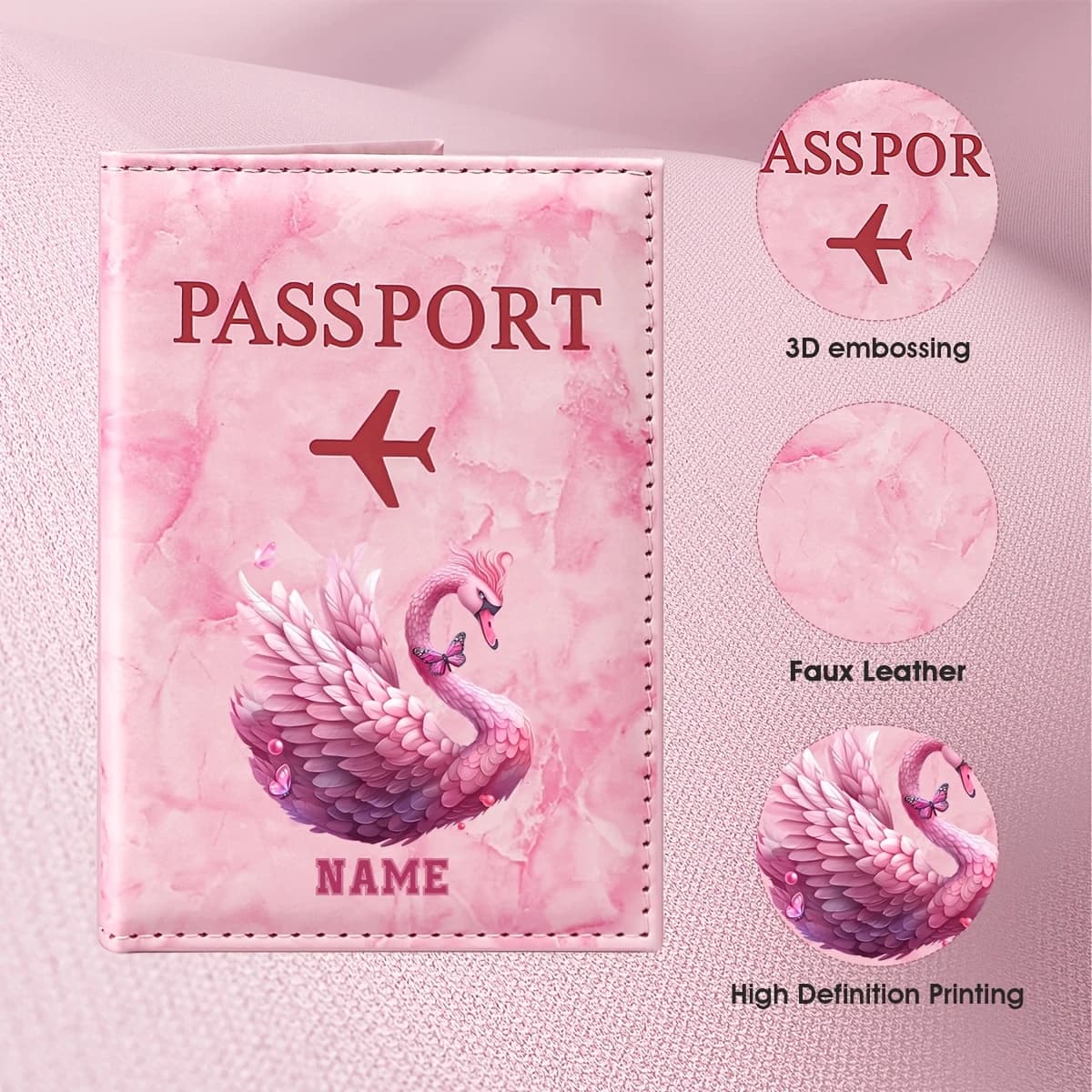 Custom Name Pink Swan Illustration Design PU Passport Holder, Elegant Swan and Heart Elements for a Romantic and Dreamy Style