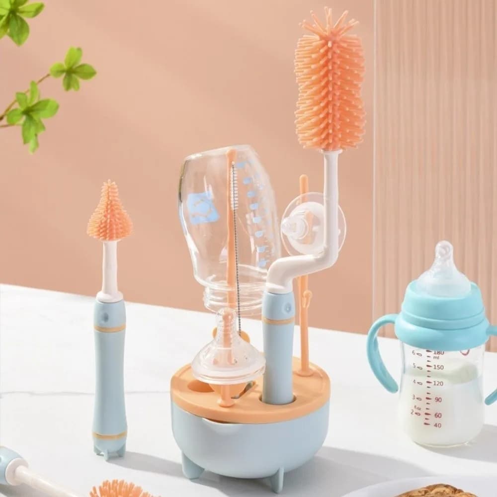 Set di detergenti per biberon con testa morbida, manico lungo, contagocce per capezzoli, spazzola per la pulizia dei biberon, stendino in silicone, detergente per bottiglie d'acqua