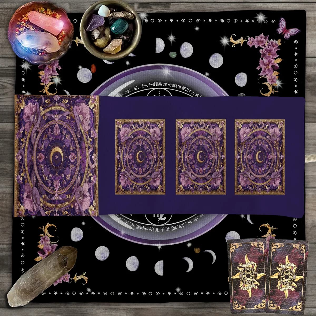 Borsa portaoggetti per carte dei tarocchi a mezzaluna dorata Borsa portaoggetti per tarocchi con fiori viola Borsa per divinazione con motivo serpente dorato
