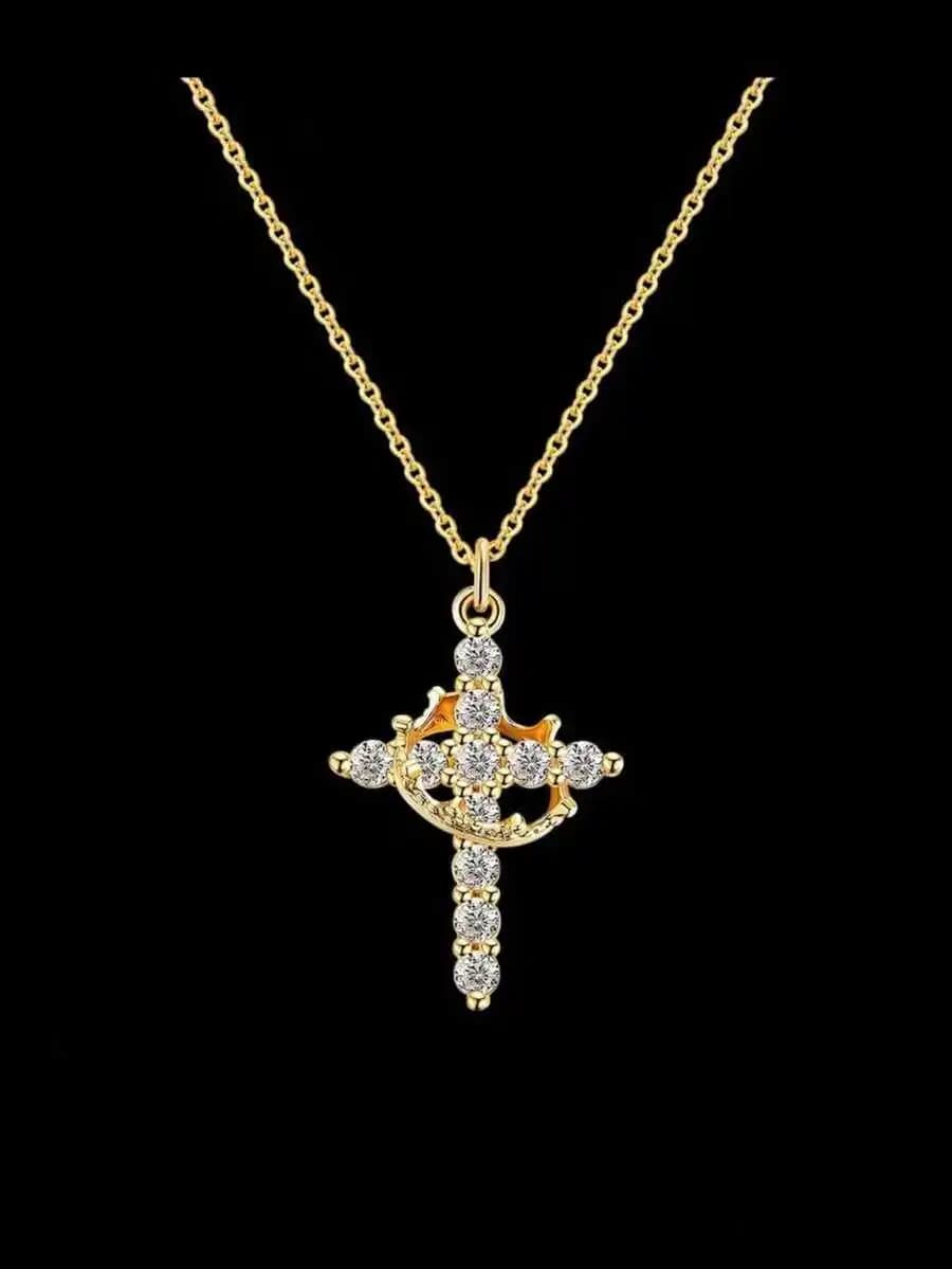 Mother's Day Gifts For Mom Upgraded Crown Cross Necklace For Women 14K Gold Plated Crown Cross Pendant Necklace Simple Diamond G