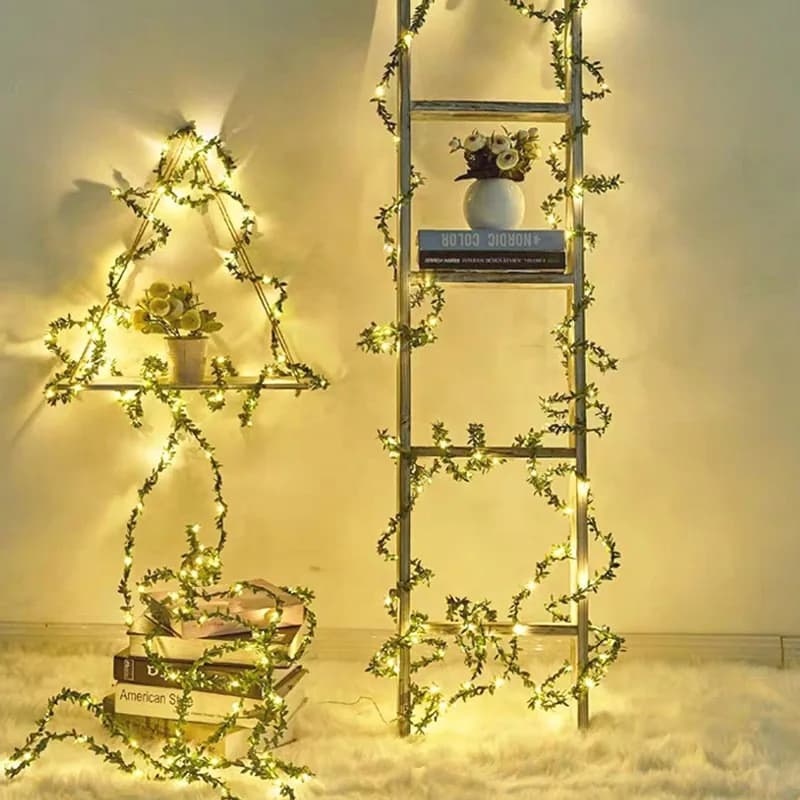 Luci a batteria con foglie verdi artificiali e fiori, ghirlanda luminosa per matrimoni, decorazione natalizia per feste e casa