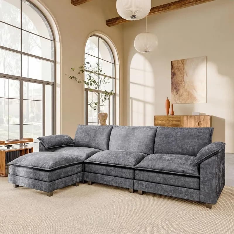 Divano Componibile Modulare Cloud da 3 Posti con Pouf Mobile, Divano a L con Seduta Profonda, Divani in Ciniglia
