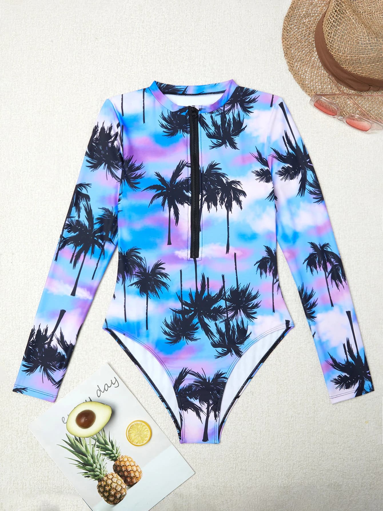 Women's Summer Beach Swimwear Printed Full Color Swimwear with Zip Front and High Neck