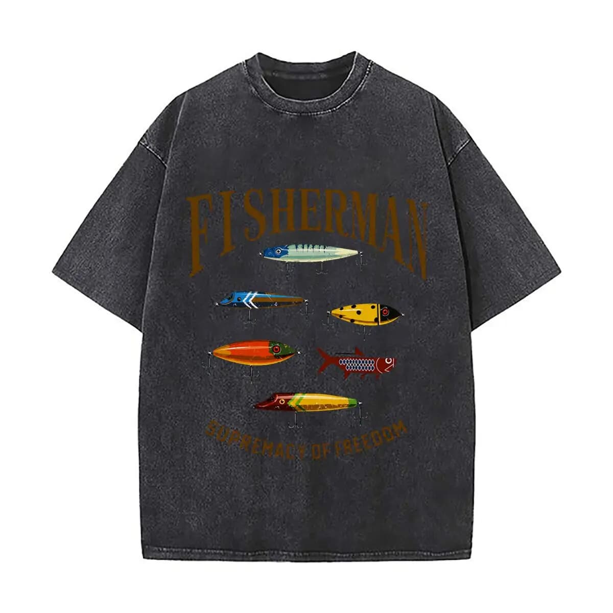 Fisherman Fishing Lure Supremacy Of Freedom Distressed Faded Baggy Streetwear Tops for Park Hangouts