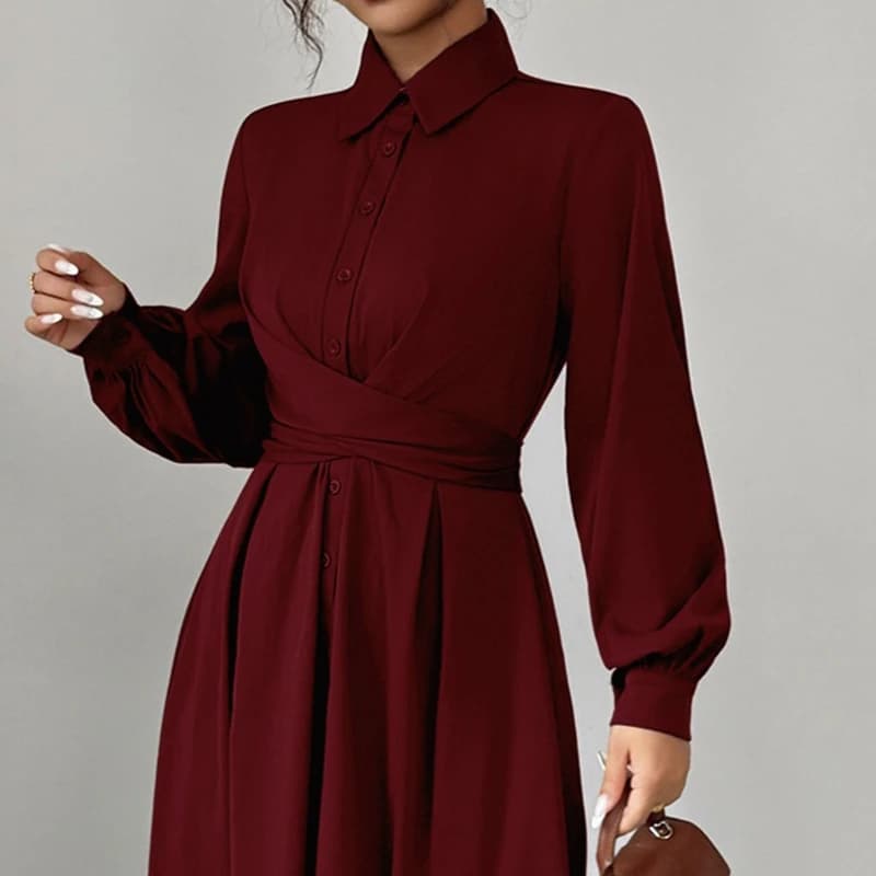 Abito chemisier elegante da donna a maniche lunghe, casual, da ufficio, con cintura, alla moda, tinta unita, con bottoni, slim, maxi, per primavera e autunno