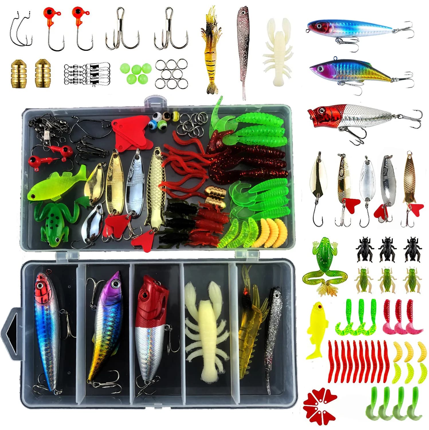 78 Pcs Fishing Tackle Lure Set Minnow VIB Metal Spoon Soft Bait Frog Shrimp Worm Hooks Artificial Fishing Baits with Storage Box