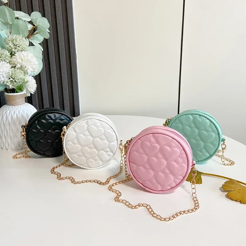 PU Pink Leather Shoulder Bag for Newborn Korean Children Mini Round Shoulder Bags Chain Shoulder Princess Children Teschesi