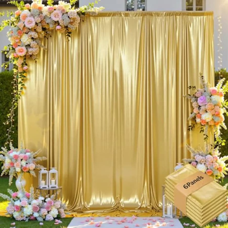 Tenda decorativa per feste: tessuto glitterato oro, drappeggio scintillante senza pieghe, 30x10 piedi (totale 6 pannelli da 5x10 piedi), sfondo fotografico scintillante