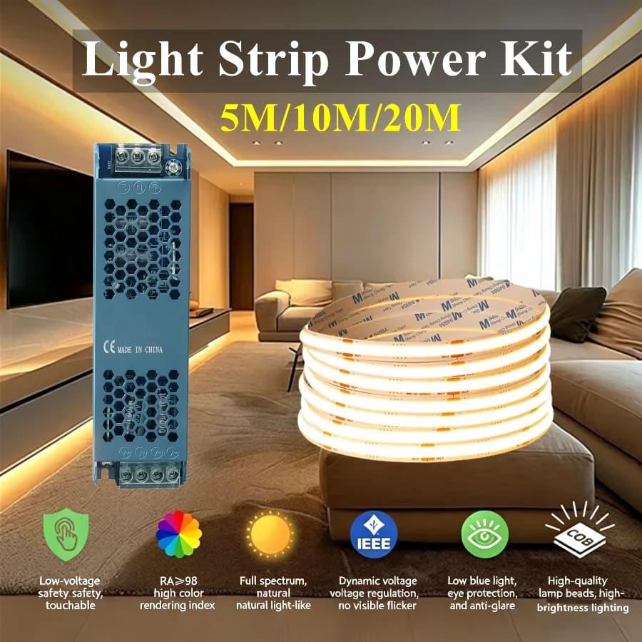 1 Set 12V 24V Ultra Thin COB LED Strip Linear Tape Light with Power Transformer 2Pin Wire for Home Cabinet Engineering Decor