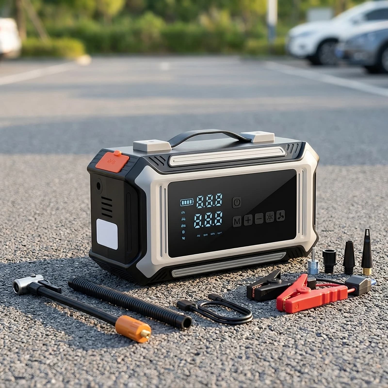 Car Battery Jump Starter Handheld Jump Starter with Air Compressor Multifunctional Emergency Power Station Rechargeable Digital