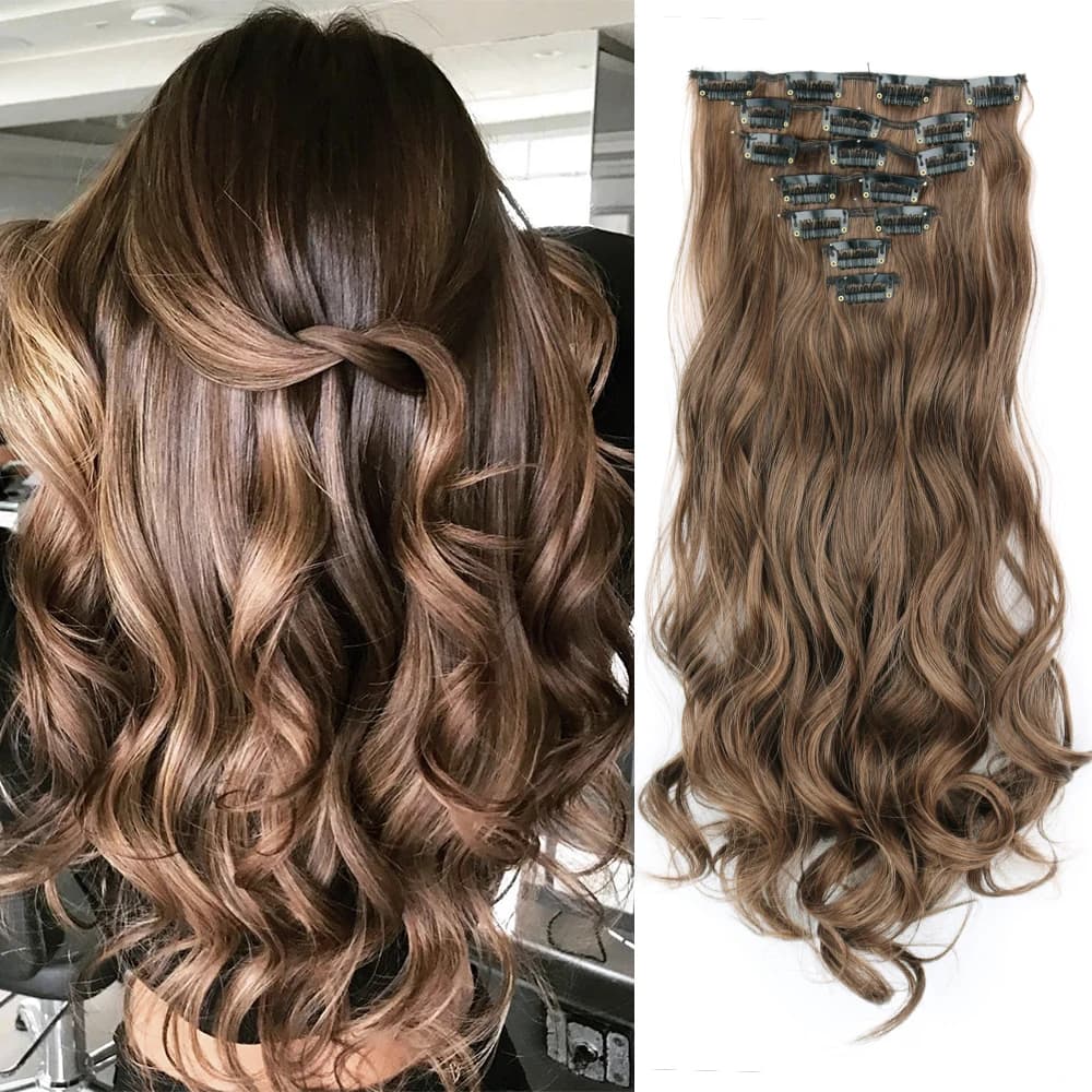 Extension per capelli sintetiche con 16 clip, 7 pezzi/set, acconciature lunghe e ondulate, 24 pollici, 140 g, con clip, resistenti al calore, colore nero-marrone.