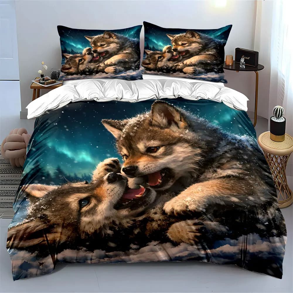 Set copripiumino con stampa 3D di cuccioli di lupo giocosi sulla neve, set biancheria da letto in morbido poliestere, comfort per tutte le stagioni, lavabile in lavatrice