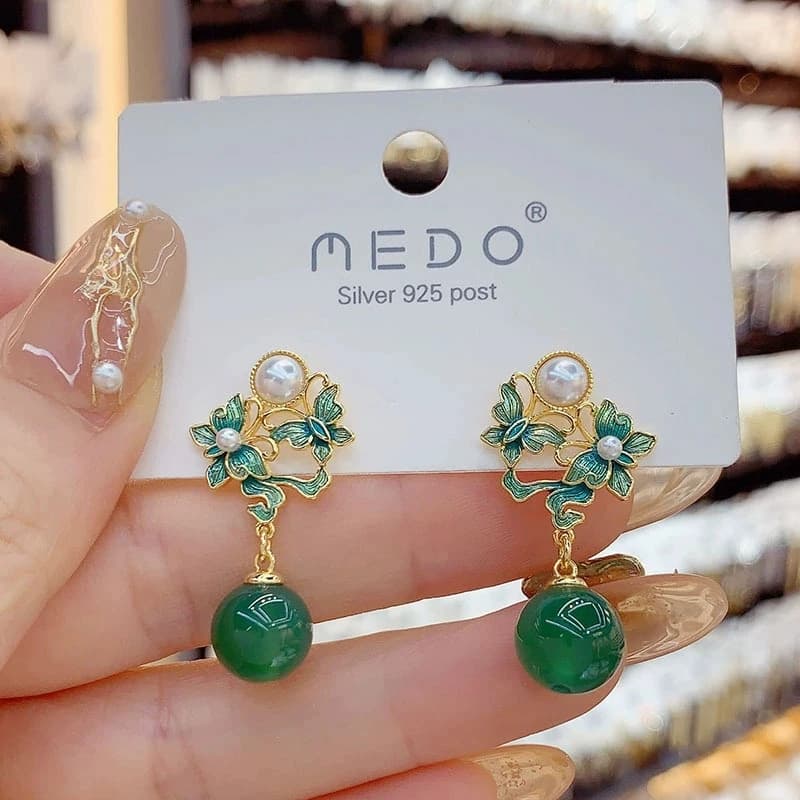 Orecchini Pendenti con Farfalla Smaltata in Stile Cinese, Perline Verdi e Fiori in Pietra, Gioielli Punk Geometrici da Festa per Donne, Idea Regalo