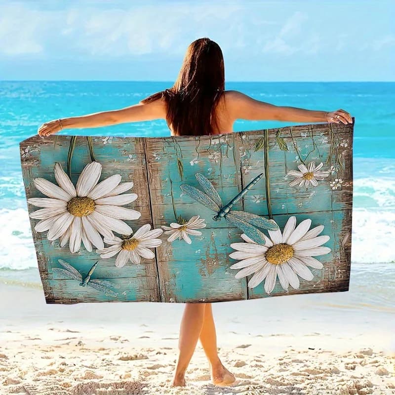 1 asciugamano da spiaggia oversize con disegno floreale a forma di libellula e margherita - Morbido asciugamano in microfibra adatto per nuoto, viaggi, campeggio