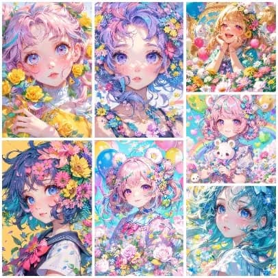 5D DIY Pastel Rainbow Floral Anime Characters Diamond Painting, Fresh Spring Cartoon Maiden Combination Home Wall Decor