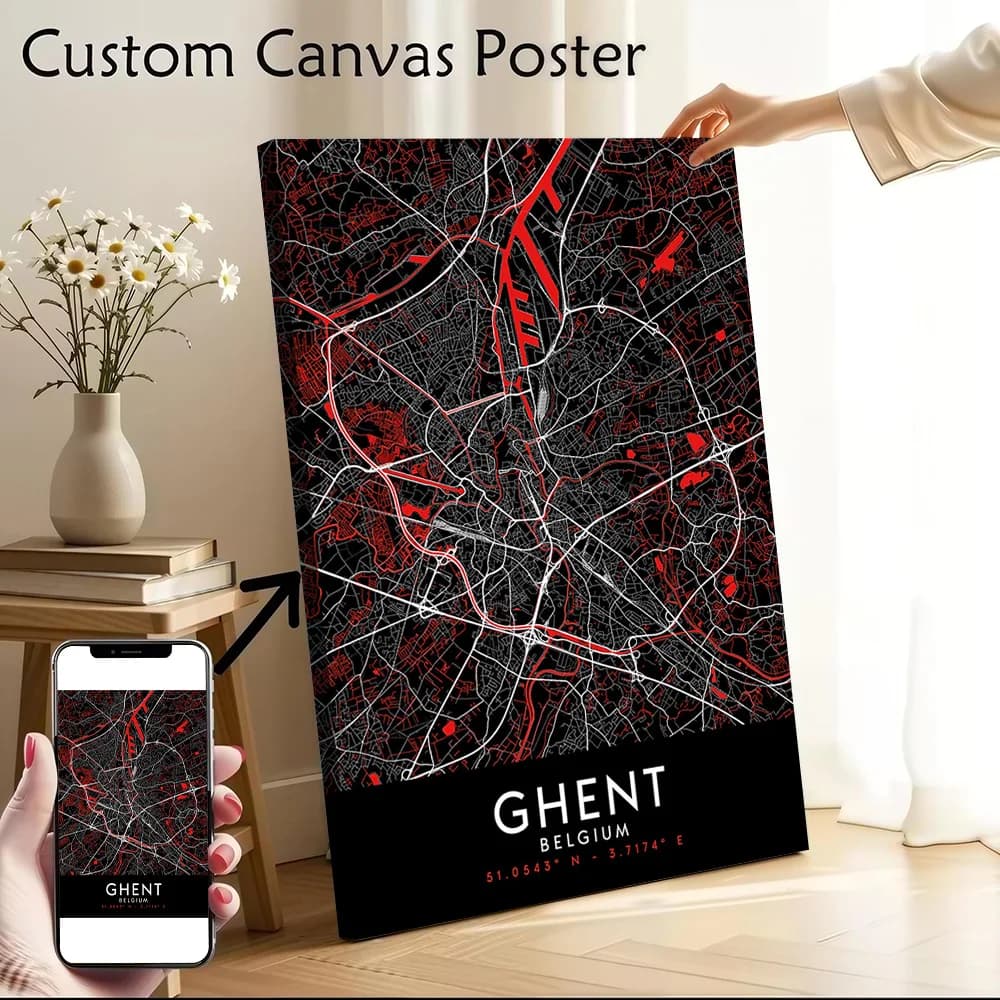 Ghent Dark Map Canvas Wall Art Poster Custom Photo Print Modern Painting for Fans Decor Living Room Decorating Interior Bedroom