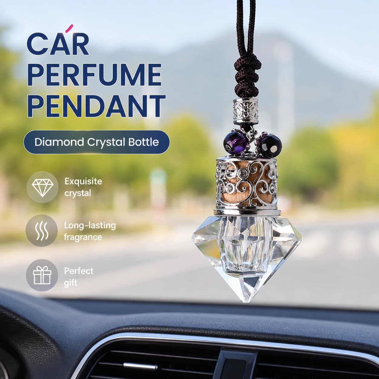 Diffusore di Oli Essenziali Portatile per Auto, Bottiglia con Cordino, Ricaricabile, Ciondolo in Vetro, Accessorio Elegante per Specchietto Retrovisore