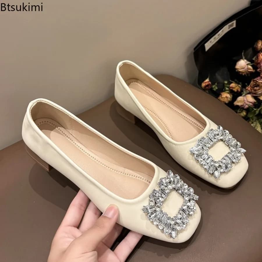 New Arrivals Women Soft Leather Shoes Comfortable Leather Luxury Crystal Fashion Flats Low Heel Pumps Female Elegant Dress Shoes
