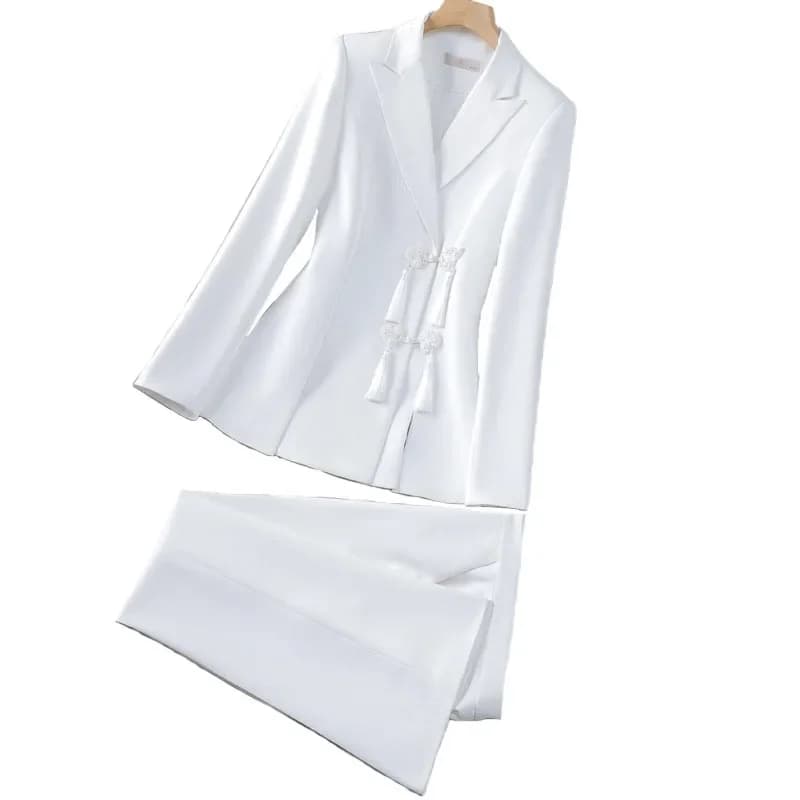 Pop Chinese Style Women Jacket Pant Sets Two Piece Elegant White Black Outfit Business Formal Blazer Suits Trousers Office Lady