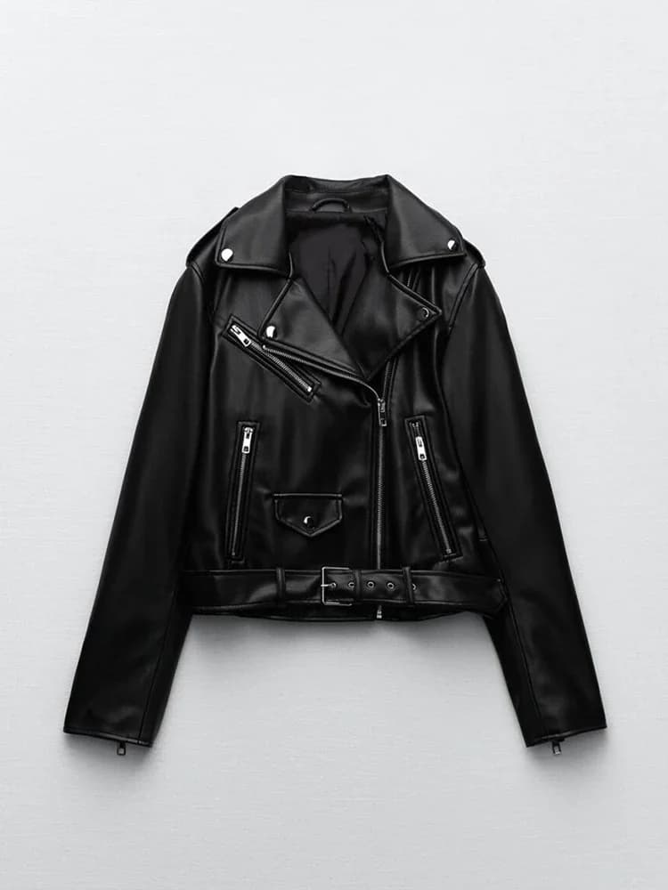 Fitaylor Spring Autumn Women's Leather Jacket PU Casual Lady Turned Hinge Motorcycle Biker Jacket Vintage Women's Outwear With Belt
