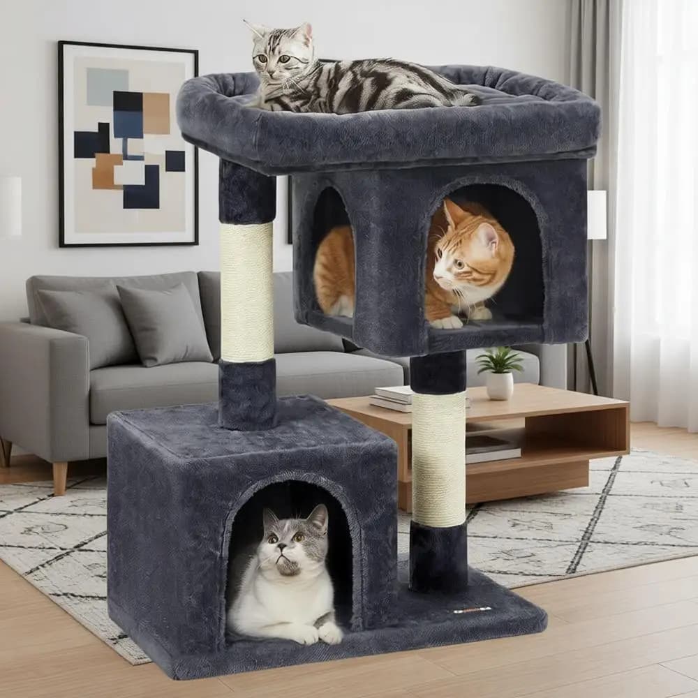 Torre per Gatti da 84 cm, Cuccia in Peluche per Gatti Grandi fino a 7 kg, Ampio Trespolo, 2 Grotte, Tiragraffi, Grigio Fumo