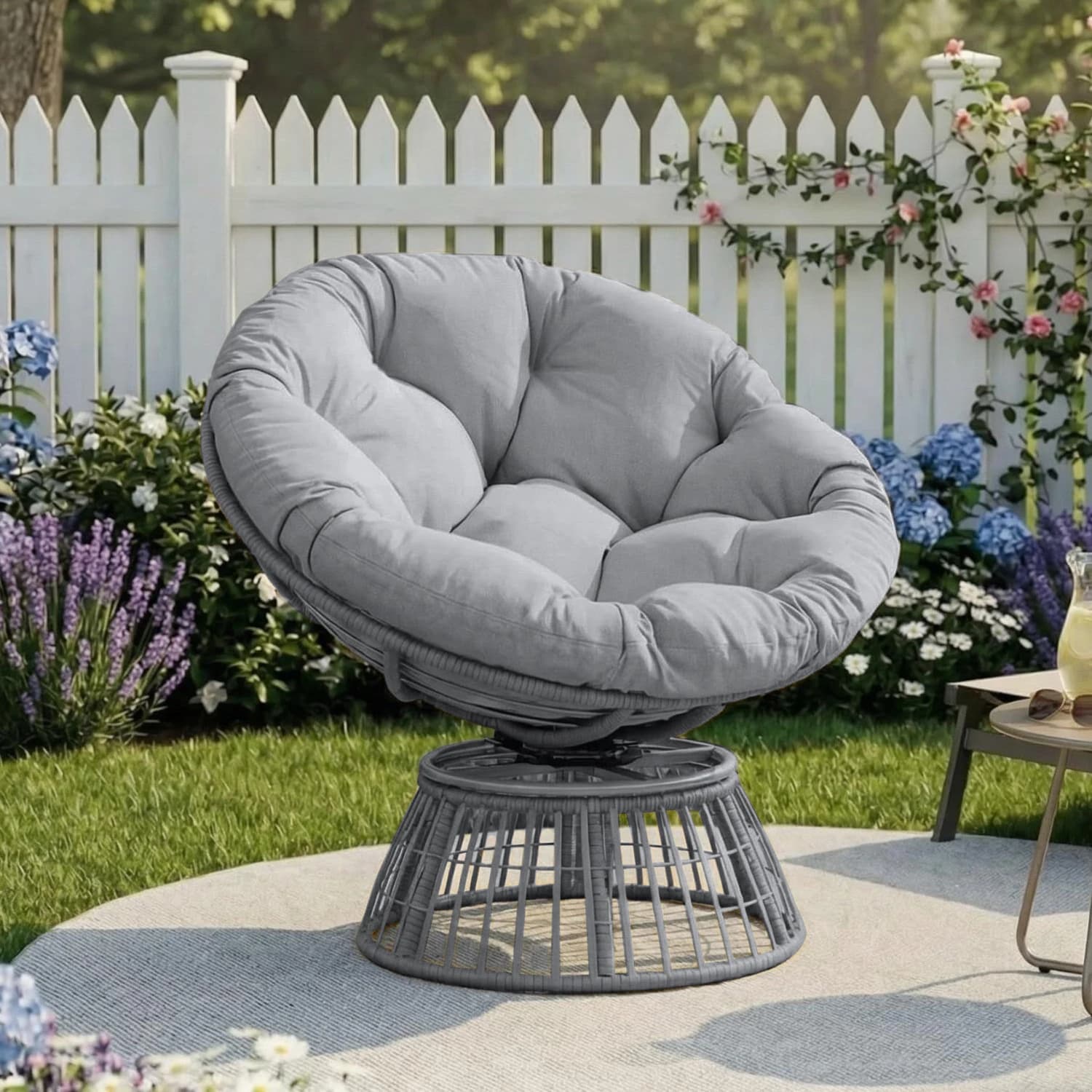 Sedia Papasan Girevole, Sedia Lounge da Esterno in Vimini con Cuscino Spesso, Sedia Decorativa in Rattan per Giardino, Veranda e Cortile
