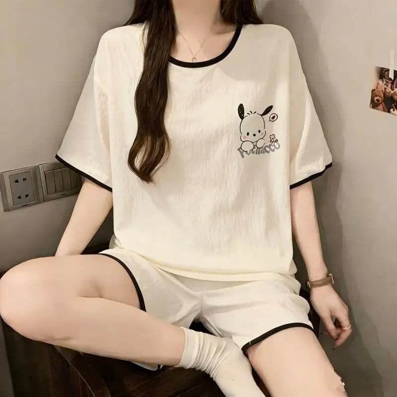 Pochacco Nuovo Pigiama Estivo da Donna a Maniche Corte e Pantaloncini, in Cotone Morbido con Stampa Cartoon, Girocollo, Abbigliamento Comodo per Casa